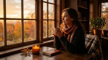 Femme sereine dans une lumière dorée d'automne
