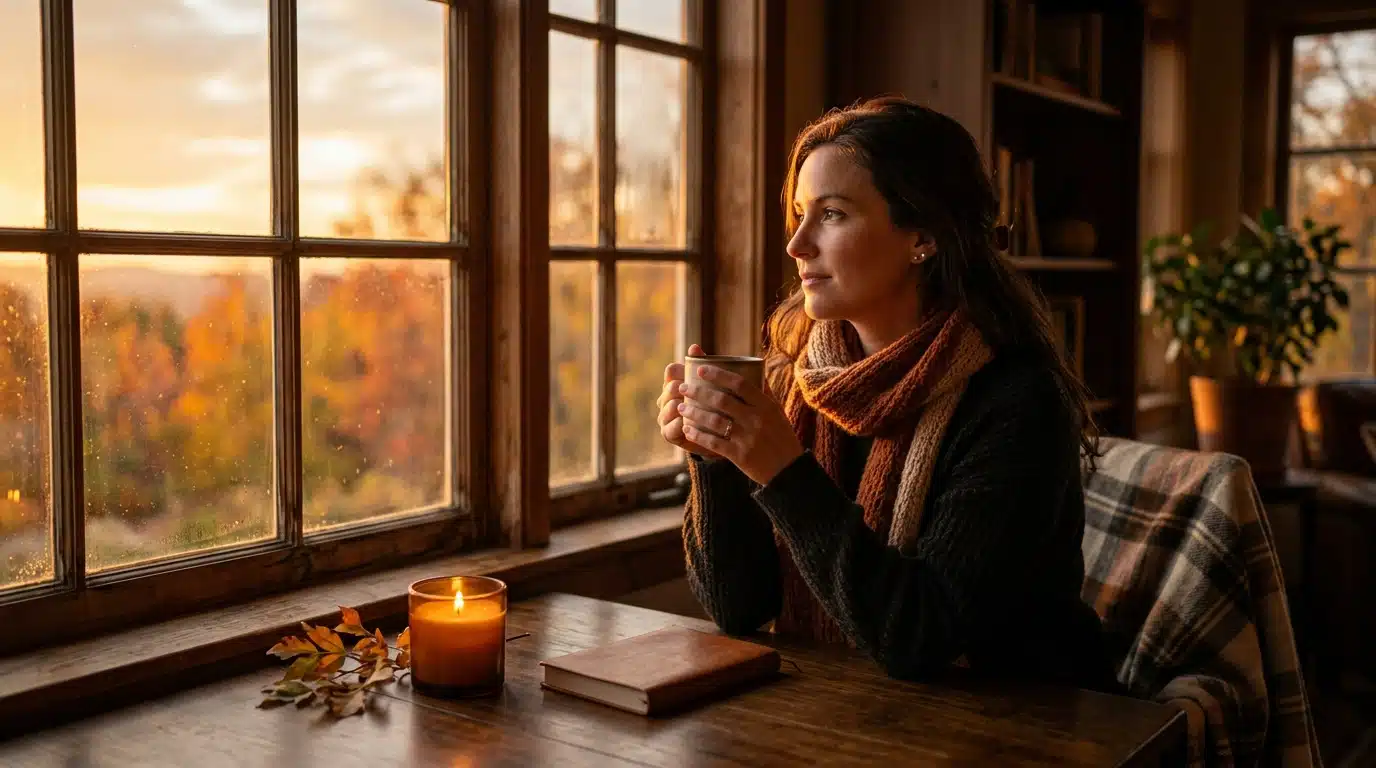 Femme sereine dans une lumière dorée d'automne