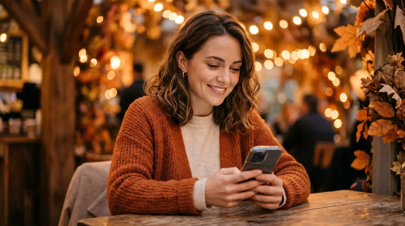 Femme souriante recevant une bonne nouvelle le soir