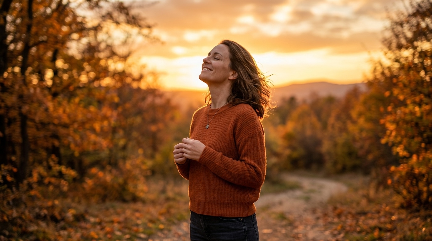 Femme souriante respirant profondément au coucher du soleil