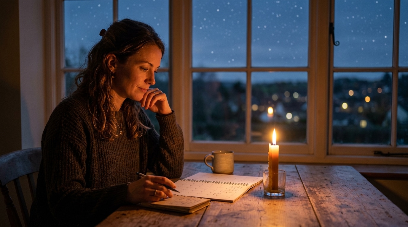 Femme réfléchissant à une décision financière à la bougie