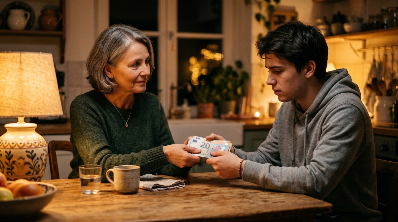 Femme prêtant de l'argent à un proche à table