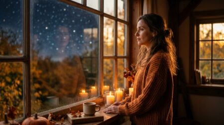 Femme pensive à la fenêtre lumière dorée équinoxe