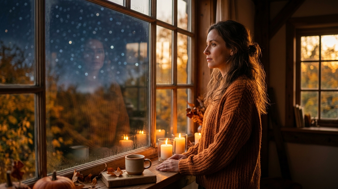 Femme pensive à la fenêtre lumière dorée équinoxe