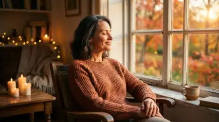 Femme apaisée profitant de la lumière dorée d'automne