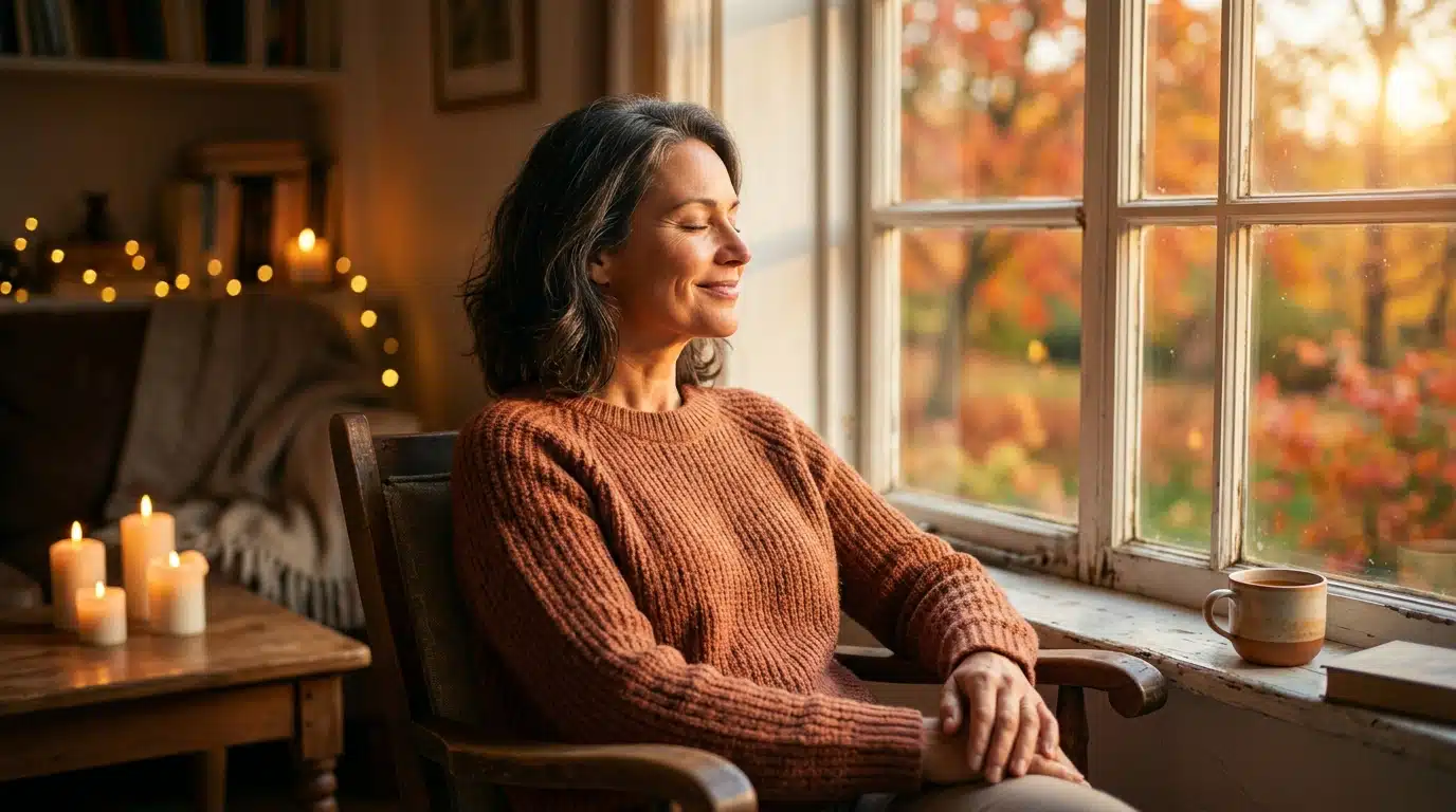 Femme apaisée profitant de la lumière dorée d'automne