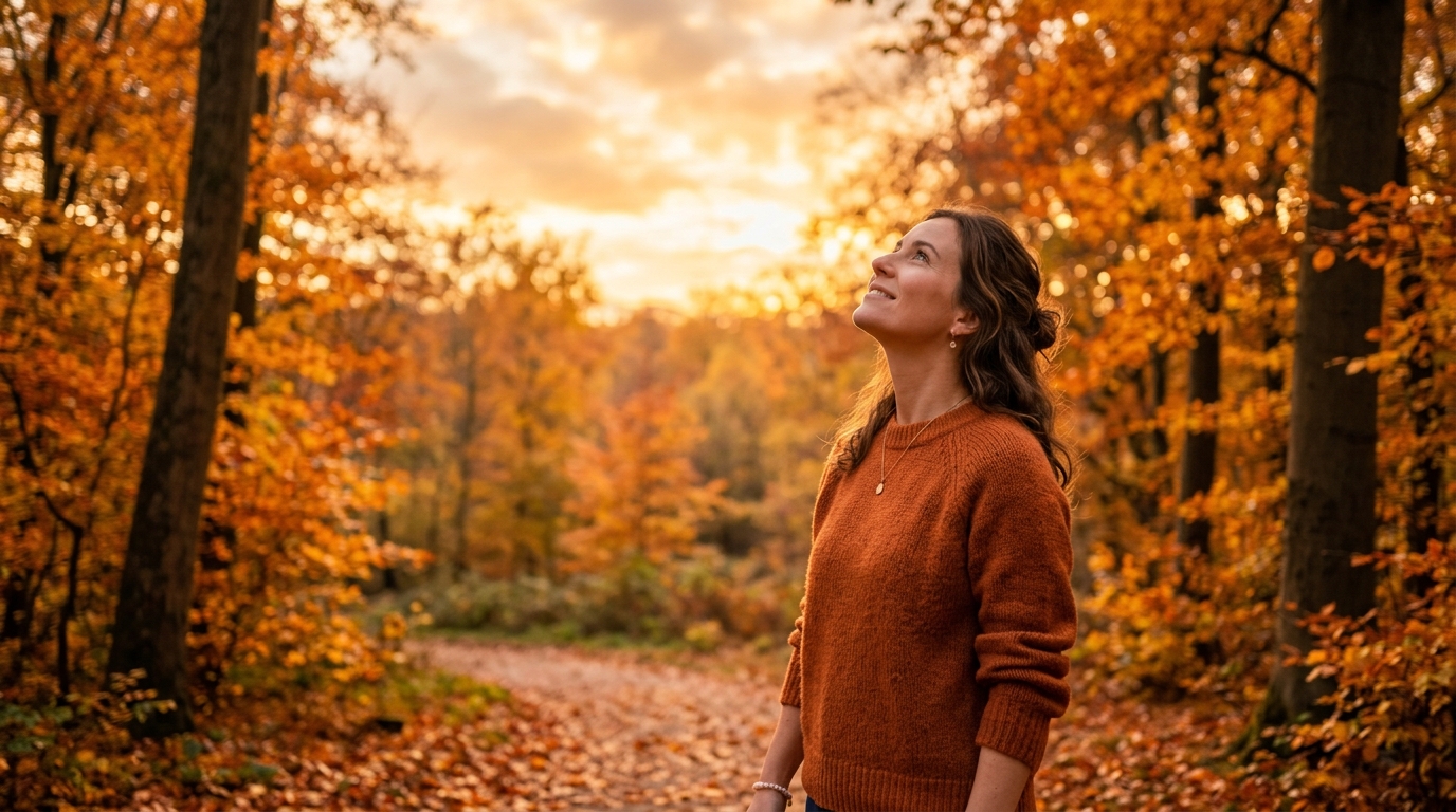 Femme regardant le ciel doré de l'équinoxe d'automne