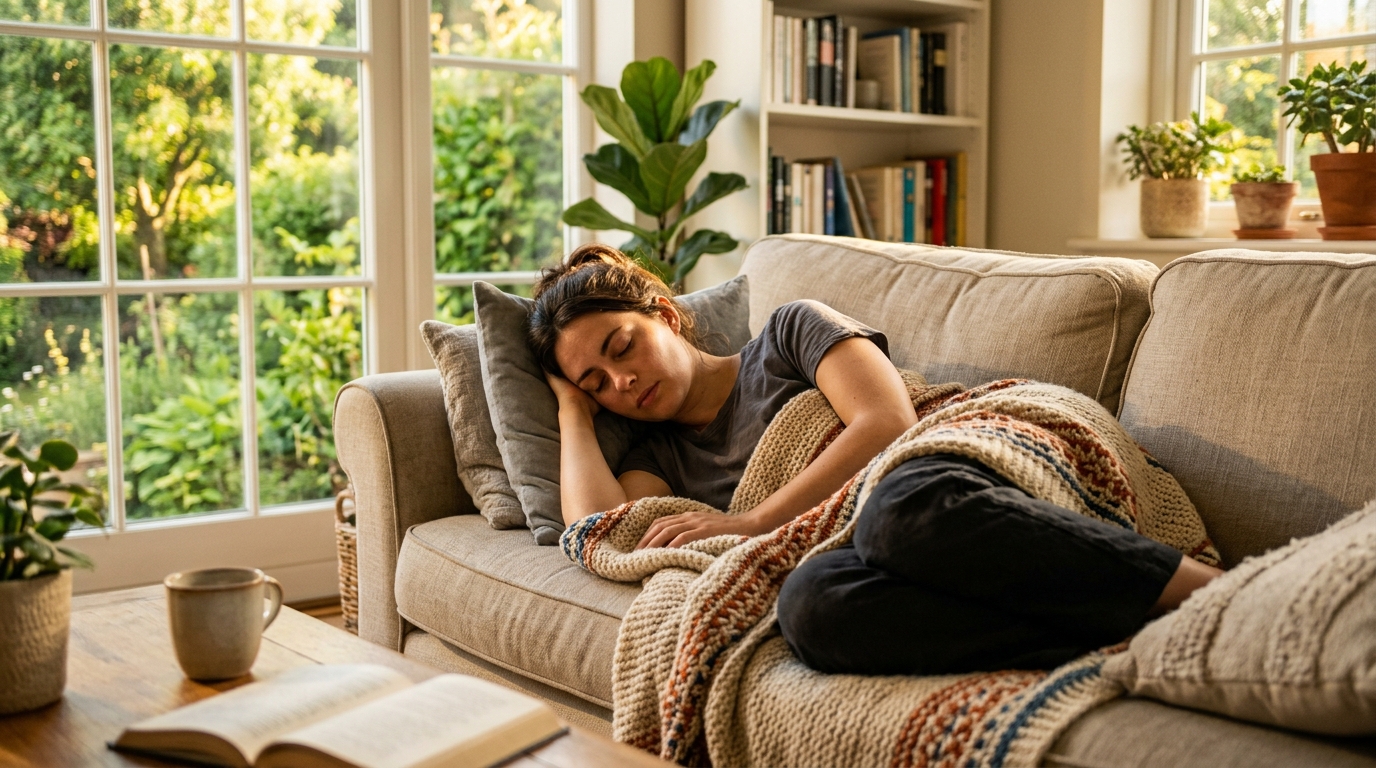 Femme épuisée se reposant après un été fatigant