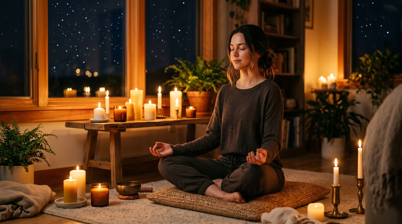 Femme apaisée méditant à la bougie en soirée