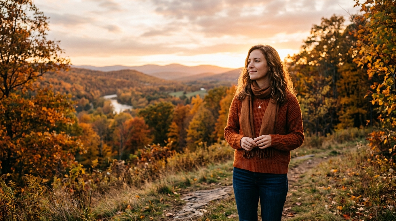 Femme sereine au coucher du soleil pendant l'équinoxe d'automne