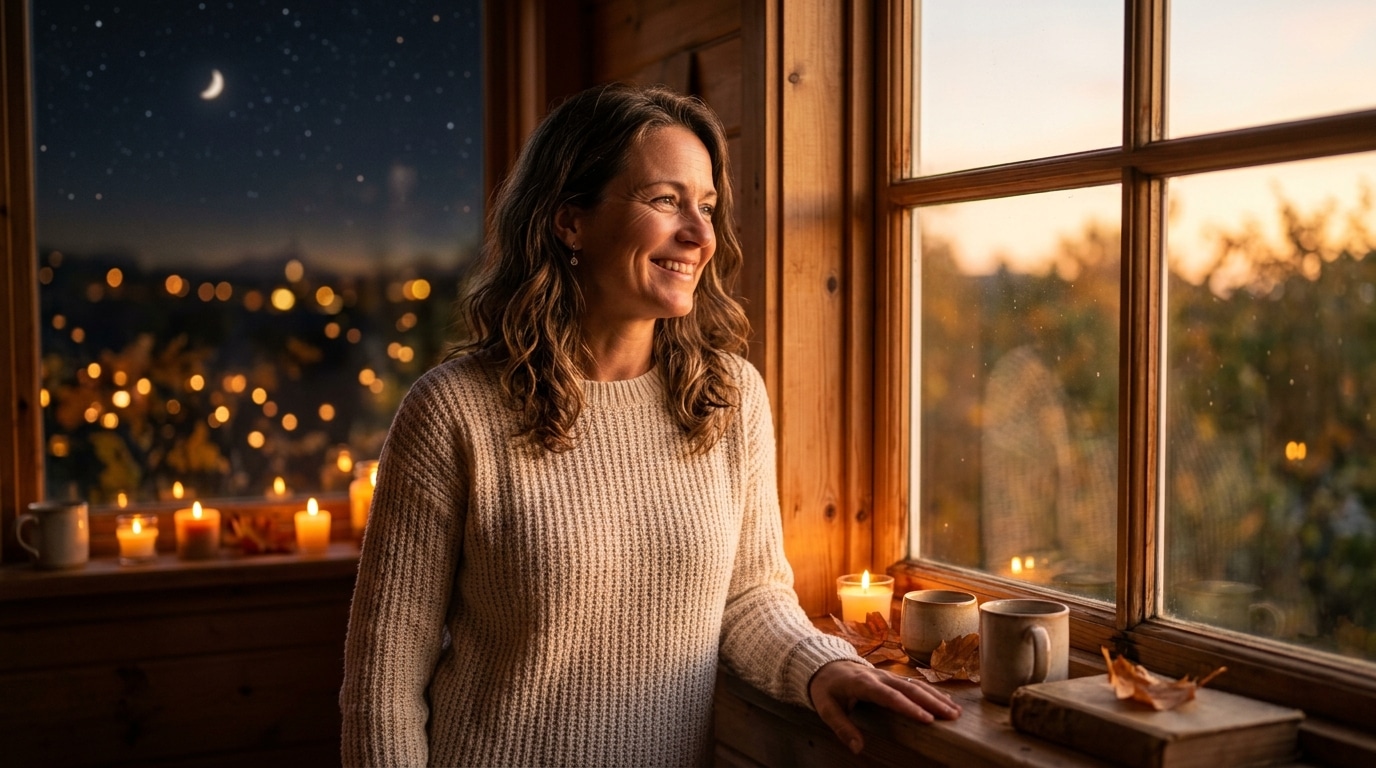 Femme souriante dans une lumière dorée d'automne