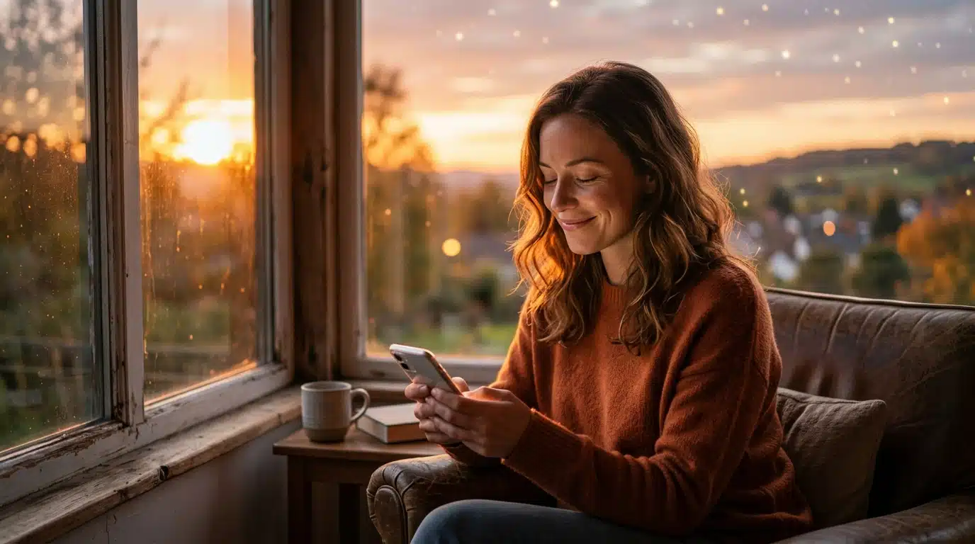 Femme apaisée souriant devant son téléphone au coucher du soleil