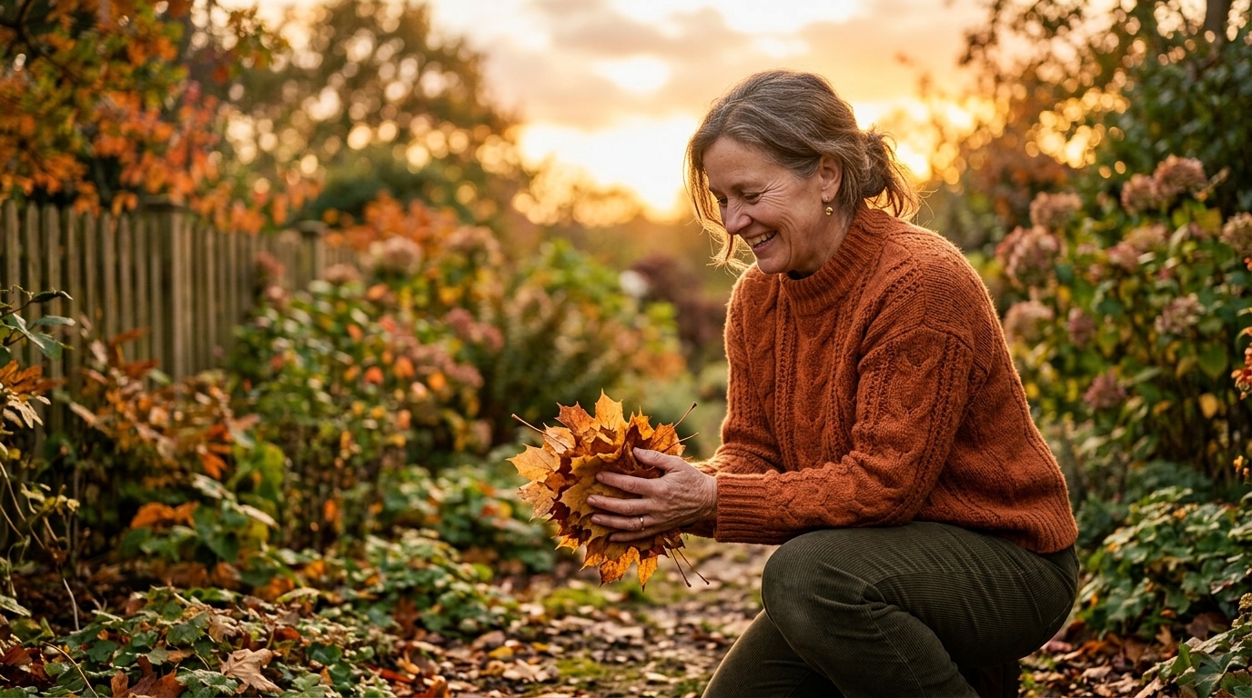 Femme ramassant des feuilles mortes dans son jardin en automne