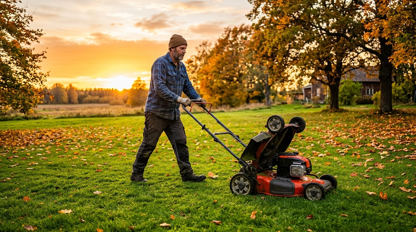 Homme tondant sa pelouse haute avant l'équinoxe d'automne