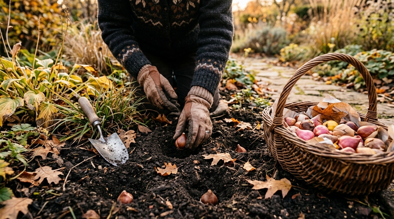Mains plantant des bulbes de tulipes dans la terre