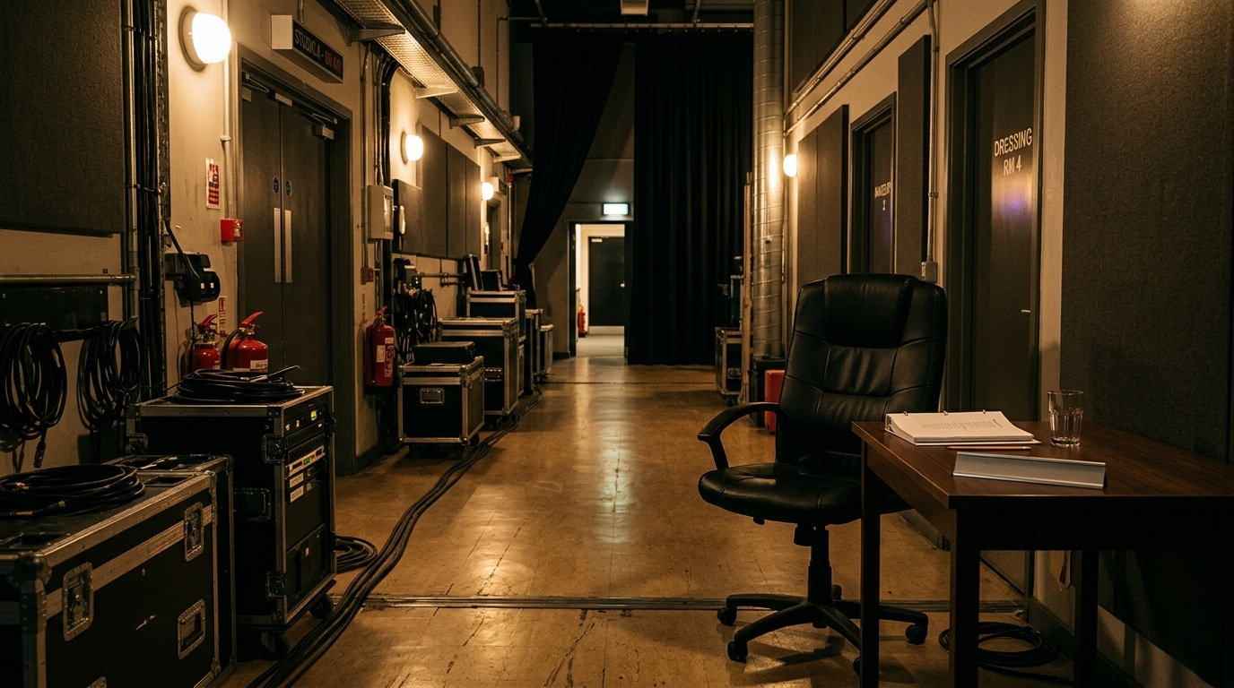 Couloir de studio télé avec chaise de présentateur vide