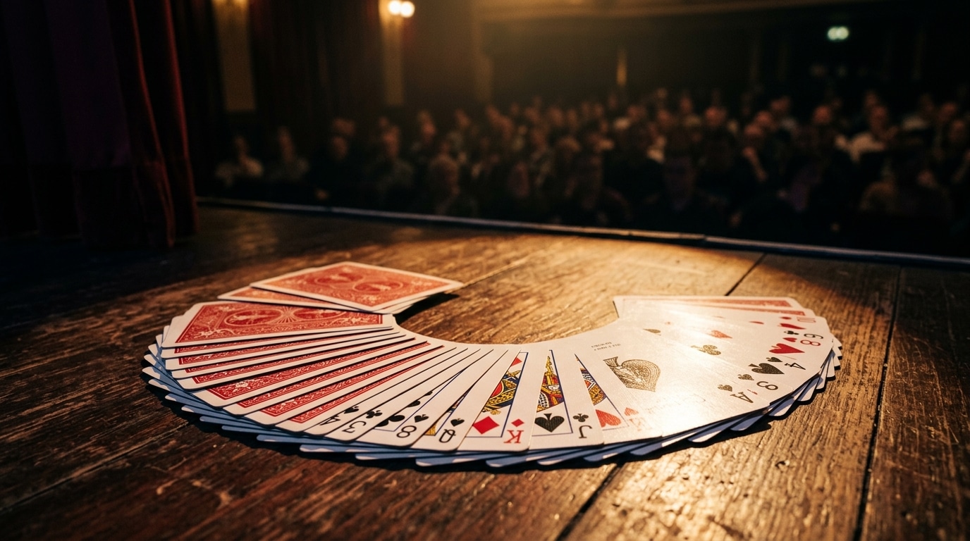 Cartes à jouer éclairées sur une scène de spectacle de magie