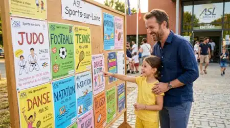Père et fille devant un panneau d'inscription sportive