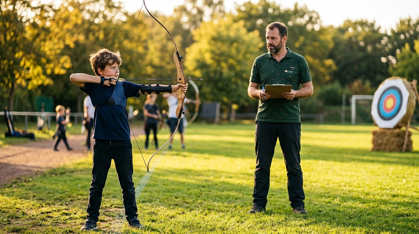 Jeune garçon pratiquant le tir à l'arc en extérieur