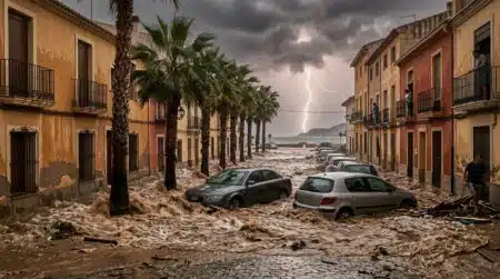 Rue inondée avec voitures bloquées à Alicante