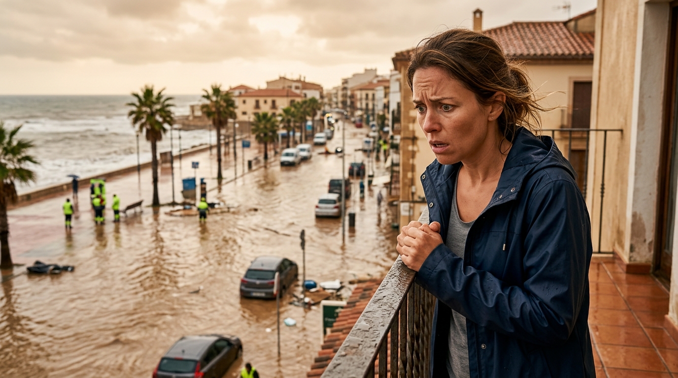 Touriste stupéfait observant une rue inondée