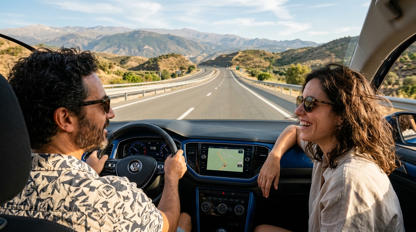 Couple roulant sereinement sur une autoroute espagnole gratuite