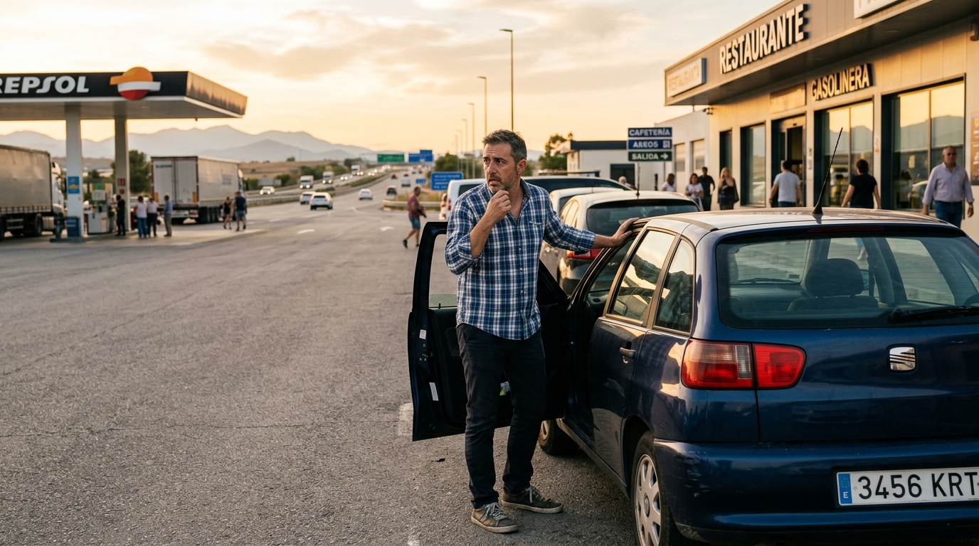 Père inquiet sur une aire d'autoroute espagnole