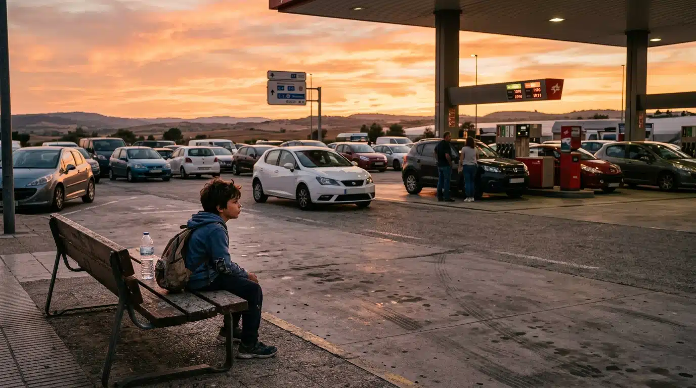 Petit garçon seul assis sur une aire d'autoroute