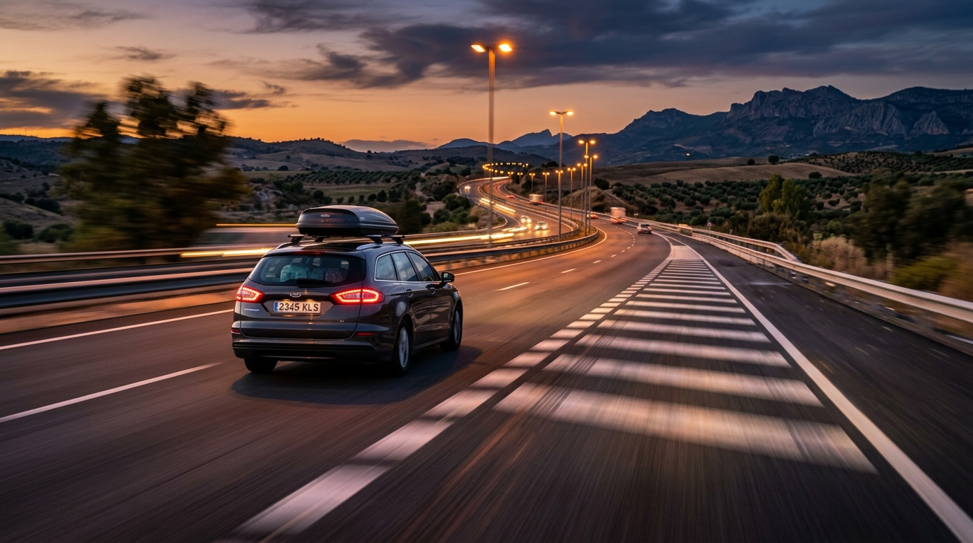 Voiture roulant sur l'autoroute espagnole au crépuscule
