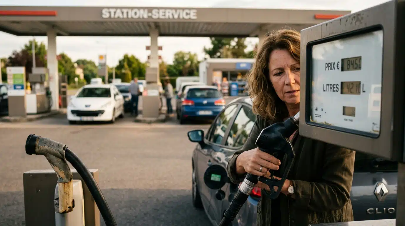 Automobiliste inquiet faisant le plein d'essence