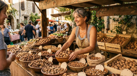 Étal de marché avec fruits secs et figues séchées