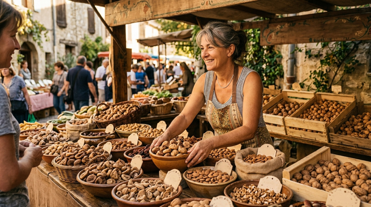 Étal de marché avec fruits secs et figues séchées
