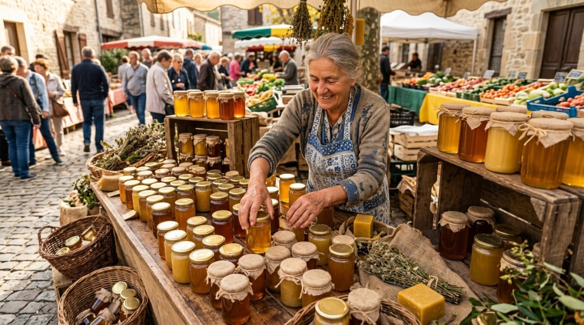 Étal de miel artisanal sur un marché français