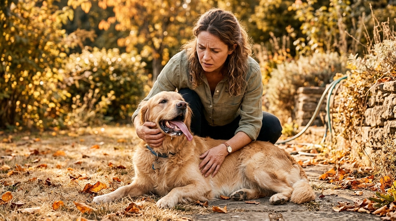 Femme inquiète surveillant son chien qui halète au jardin