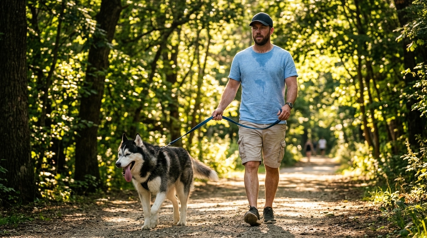 Homme promenant son chien à poil épais à l'ombre