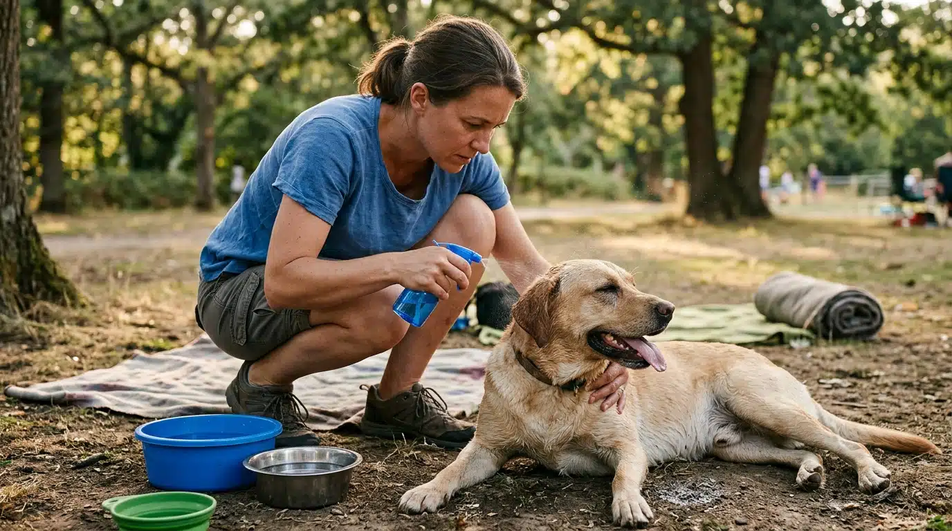 Femme rafraîchissant son chien avec de l'eau tiède