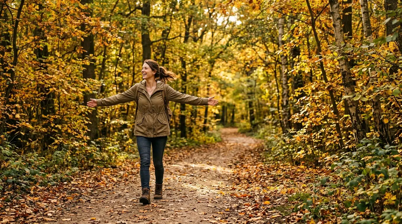 Femme se promenant dans une forêt aux couleurs d'automne