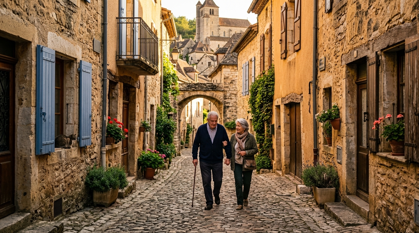 Couple se promenant dans un village médiéval perché