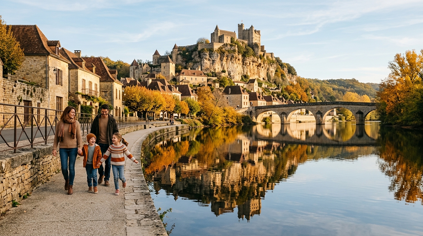 Famille se promenant au bord d'une rivière en Dordogne