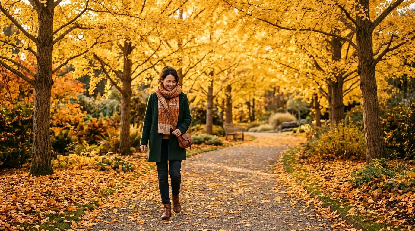 Femme se promenant sous des ginkgos dorés en automne