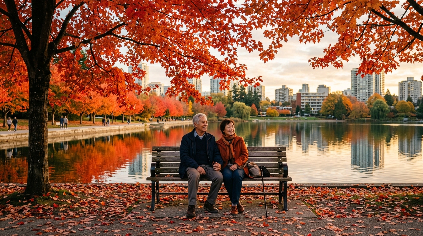Couple assis sous des érables orange au bord d'un lac