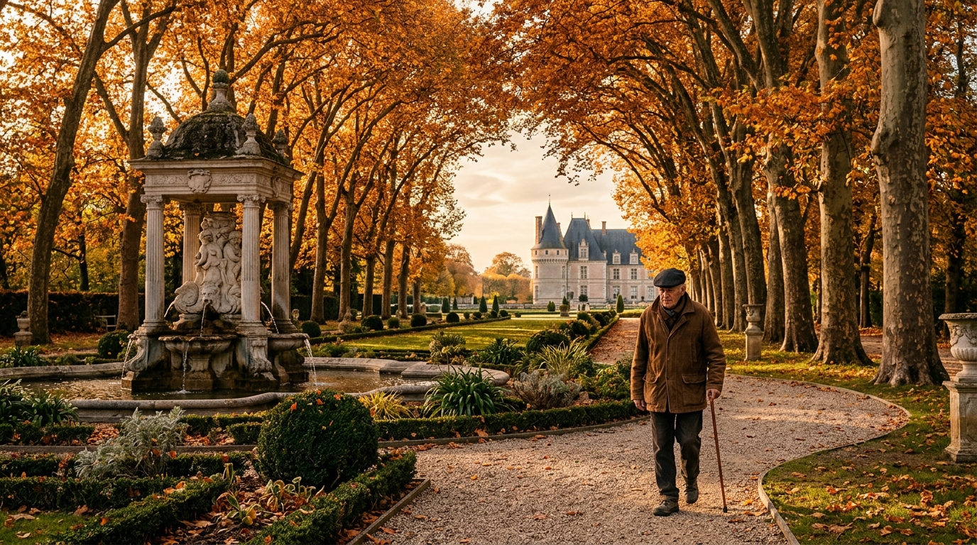 Homme âgé marchant sous des platanes orangés en automne