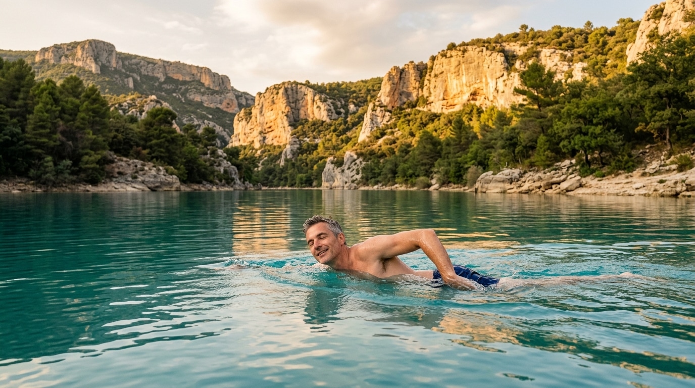 Homme nageant dans un lac entouré de falaises