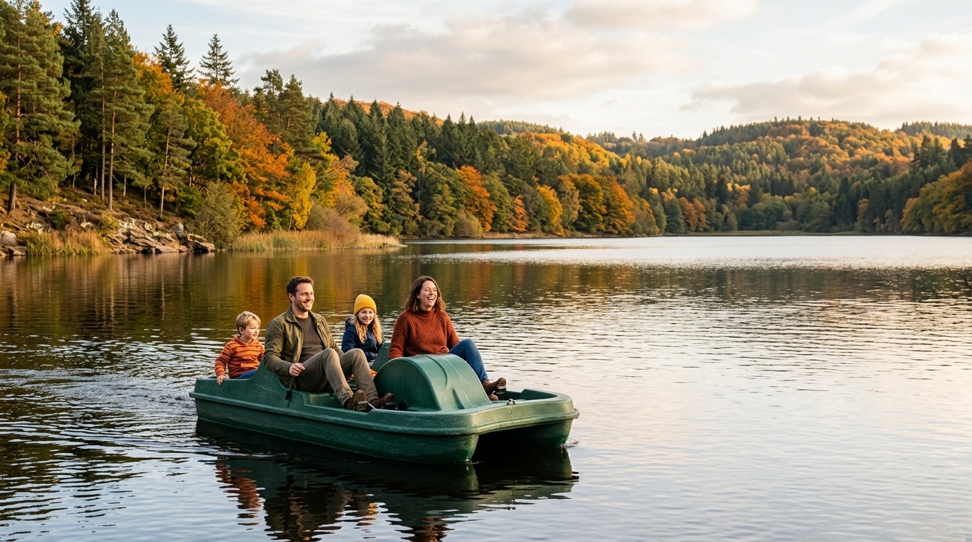 Famille en pédalo sur un lac entouré de forêts d'automne