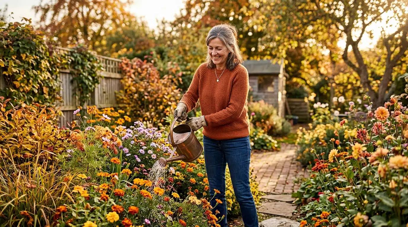 Femme arrosant un jardin en été indien lumière dorée