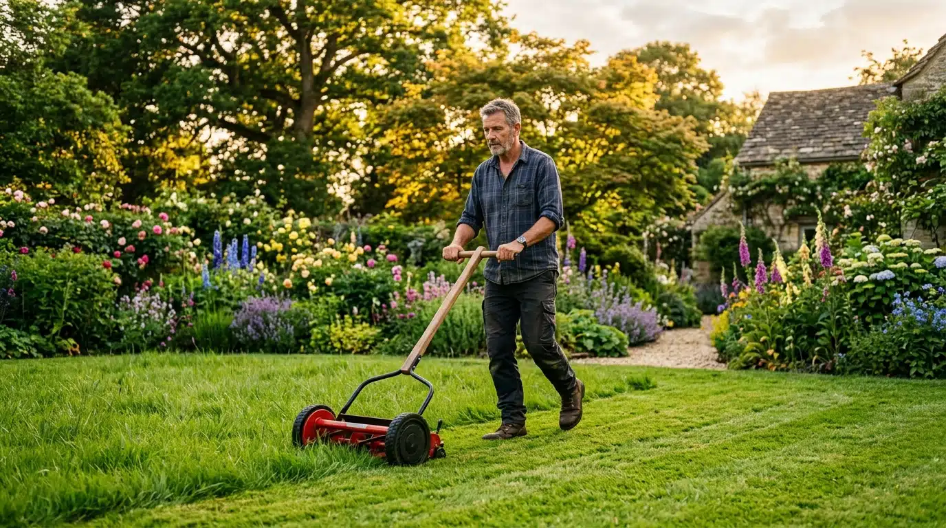 Homme tondant une pelouse haute au jardin