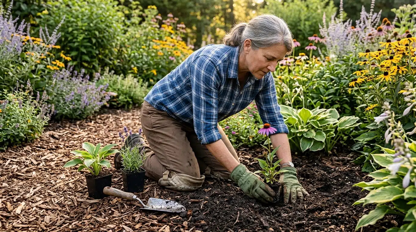 Jardinier plantant des vivaces dans la terre