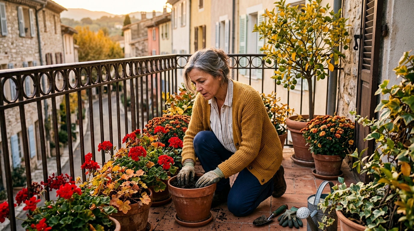 Femme vérifiant ses géraniums en pot sur un balcon ensoleillé