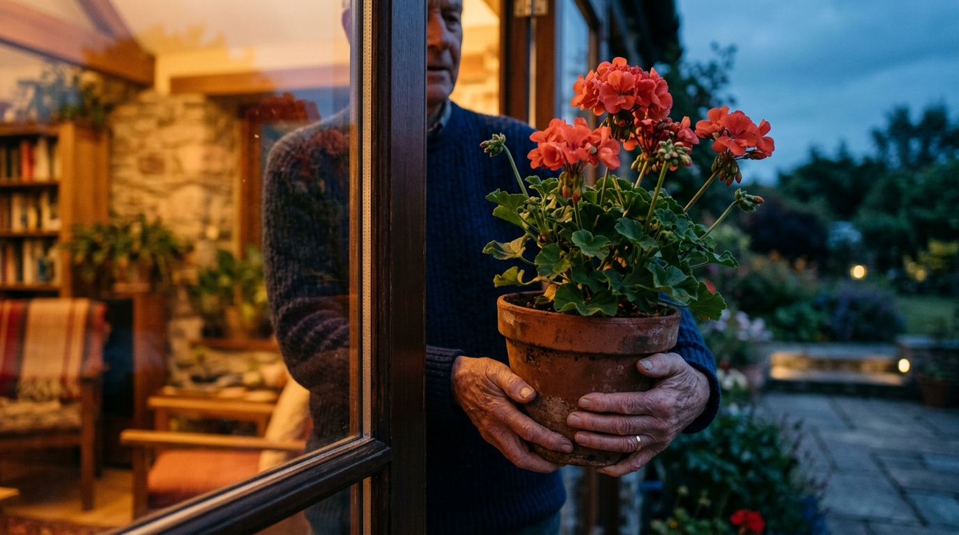 Mains rentrant un géranium en pot avant la nuit fraîche