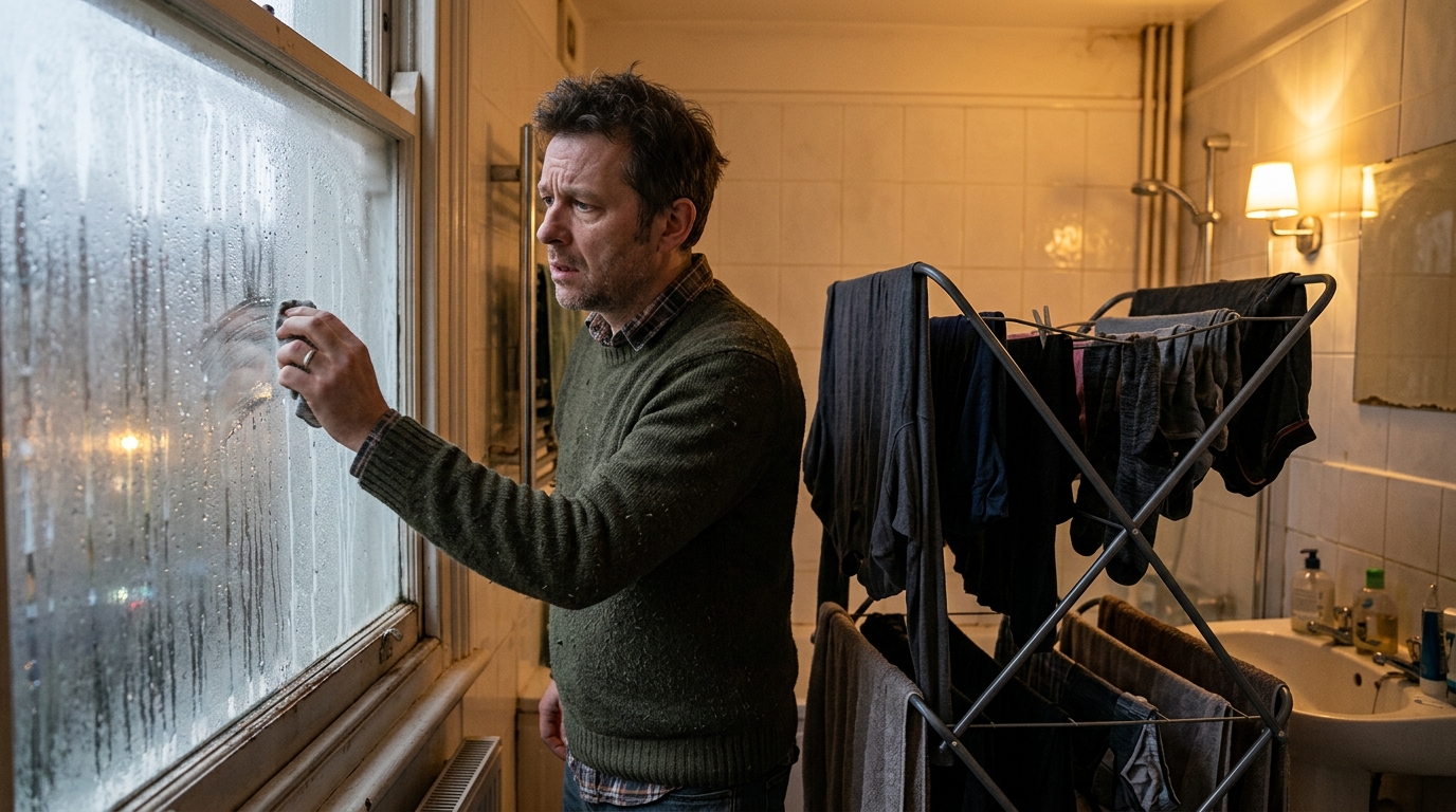 Homme observant de la condensation près d'un étendoir